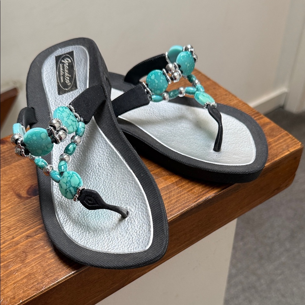 Grandco Black Sandals with Turquoise Accents